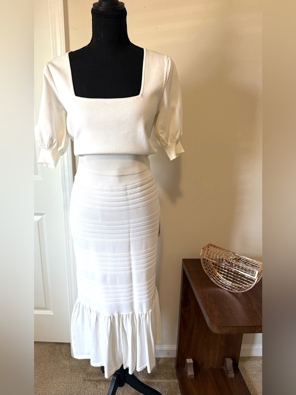 White Two-Piece Knit Top & Ruffle Hem Skirt Set- Wear multiple ways!